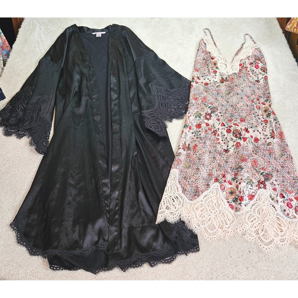 Lace Romantic Coquette Victoria's Secret Sz S Satin Kimono Robe & Slip Dress Set